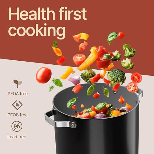 16 Quart Ceramic Coated Stock Pot with Lid - Nonstick, Oven Safe, All Stove Compatible - Black