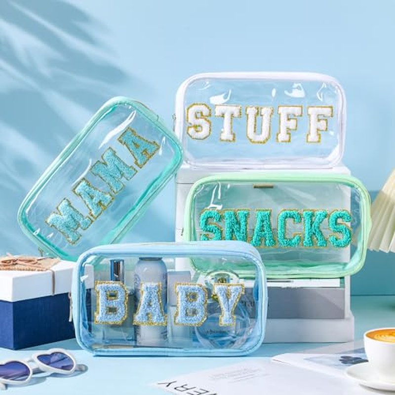 4 Pcs Mama and Baby Toiletry Bag Clear Chenille Letter Pouch Snacks Makeup Stuff Travel Diaper Bag Preppy Transparent Pouch with Zipper for Women Gift(Fresh Color)