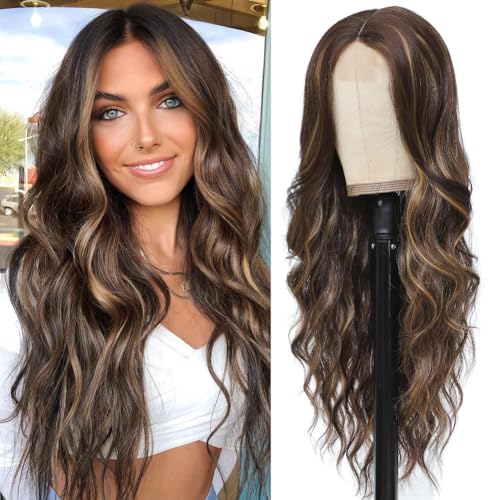 Brown Highlight Wigs for Women 26 Inch Long Wavy Glueless Hairpiece - Variation of 26 Inch / Brown Highlight