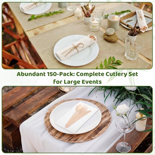 Nuenen White 150 Pack Bamboo Cutlery & Napkin Set - Eco-Friendly Disposable Utensils
