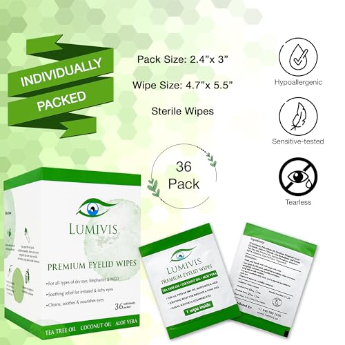 Tea Tree Oil Eyelid Wipes ? 72 Individually Wrapped Pads for Daily Eyelid Cleansing, Makeup Removal & Lash Hygiene ? Natural, Soothing Formula for Sensitive Eyes