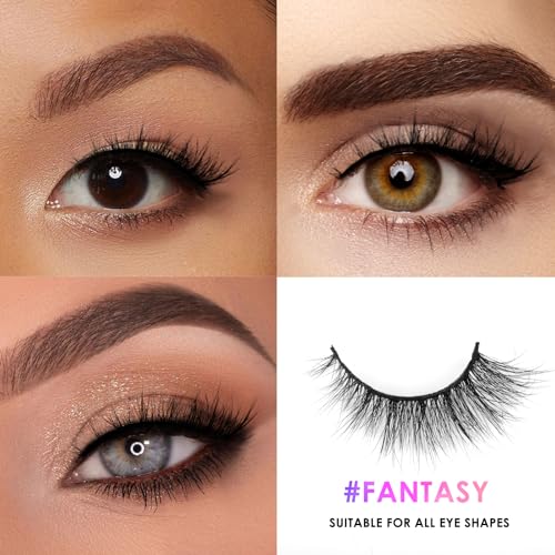 16mm Mink Lashes, 3D Real Mink Eyelashes, 3 Pairs Cat Eye Lashes, Natural Look False Eyelashes, 100% Handmade & Cruelty-Free Fluffy Wispy Luxury Volume Strip Eye Lashes (Fantasy)