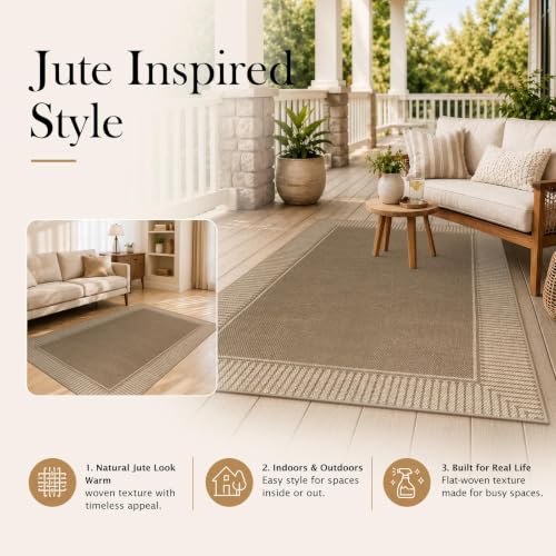 Moynesa 5x7 Indoor Outdoor Jute-Inspired Rug with Brown Striped Border, Low Pile Area Rug
