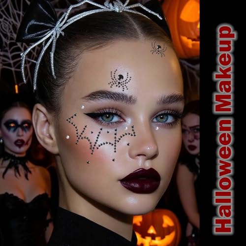NOOEPC 3D Spider Web Face Gems, Halloween Makeup Face Jewels for Women, Hair Gems Clear Face Rhinestones, Halloween Makeup for Women Face Stickers Spider Costume