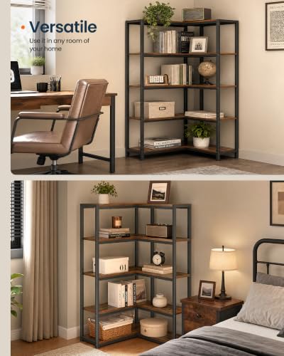 SONGMICS HOME 5-Tier Corner Shelf Rustic Brown - L-Shaped or Straight Bookshelf