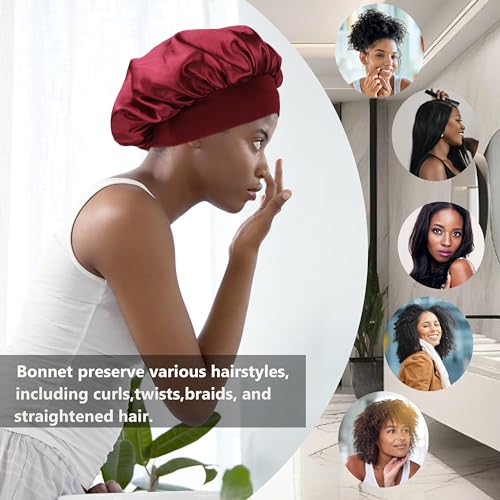 Wheebo Burgundy Satin Bonnet Hats for Women - Pack of 12, Hair Protection & Sleep Caps