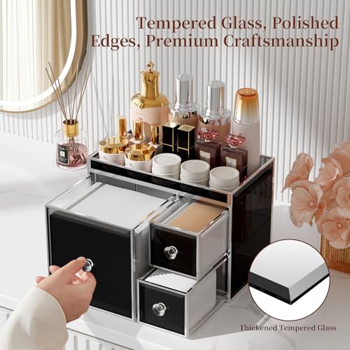 Multifunctional Face Towel Holder with 3 Drawers ? Tempered Glass Cotton Pad & Swab Organizer ? Disposable Face Towel Holder for Bathroom Vanity
