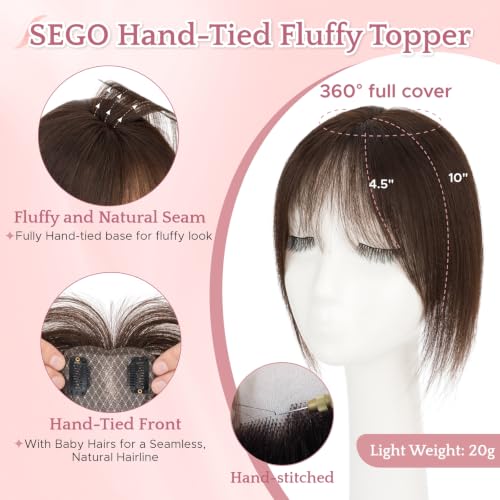 SEGO Human Hair Hair Topper for Women 10 Inch Dark Brown Shedding Free