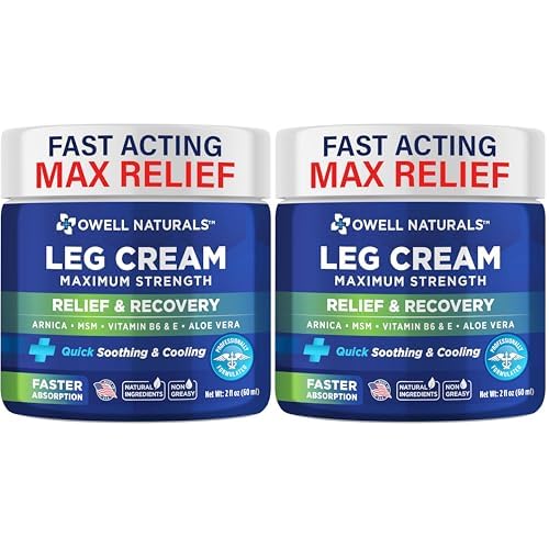 OWELL NATURALS Relief Legs Cream, Deep Penetrating Soothing Formula, Fast Acting & Maximum Strength with Arnica, Aloe Vera Vitamin E, for Muscles, Calf, foot, ankle, 2 oz (Pack of 2)