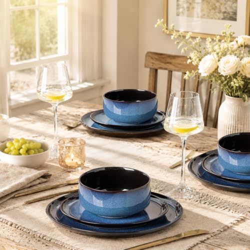 LeRatio Ceramic Dinnerware Set for 4 - Modern Blue 12 Pieces, Plates & Bowls