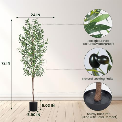Artificial Olive Tree 6ft Tall Faux Potted Plant with 648 Leaves & 24 Fruits - 1 Pack