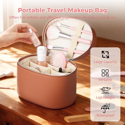 OMISTAR Brown Large Capacity Makeup Vanity Bag with Removable Organizer – Waterproof PU Leather Travel Cosmetic Case