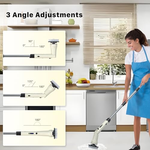 Electric Spin Scrubber, Hillyfe Bath Scrubber for Cleaning with 7 Replaceable Brush Heads, IPX7 Waterproof,300/400 RPM, 3 Adjustable Size,Cordless Shower Cleaner Brush for Bathroom Floor,Beige
