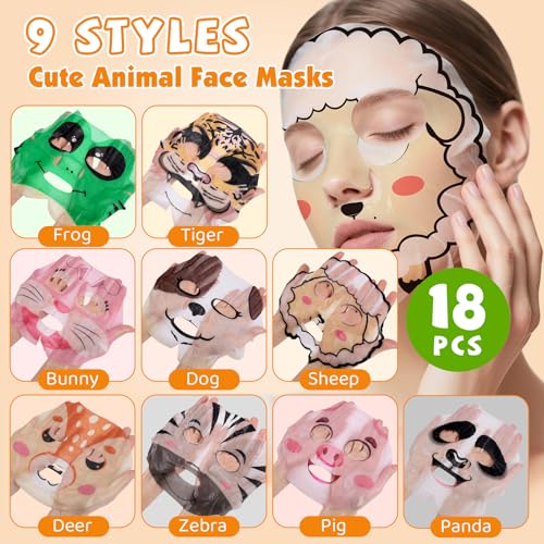 18 Pack Animal Face Mask for Kids, Bulk Sheet Face Masks Skincare for Girls, Collagen Hydrating Face Mask Spa Party Gifts for Teens, Easter Basket Stuffers, Birthday Gifts for Women
