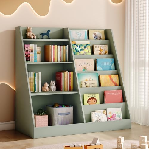 Tatub Upgraded 6-Tier Kids Wooden Bookshelf and Toy Storage with 4 Display Shelves, Sage Green