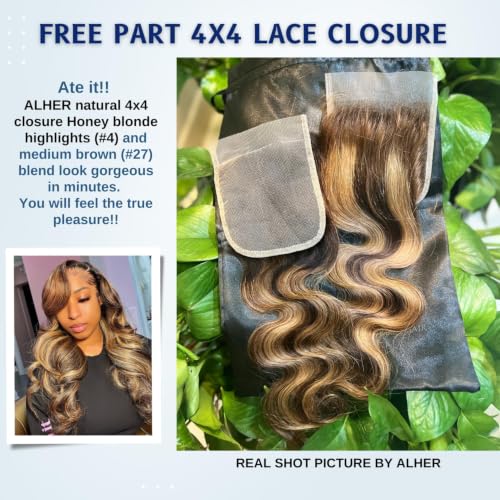 ALHER Honey Blonde Highlight 4x4 Lace Closure Human Hair 10 Inch Body Wave