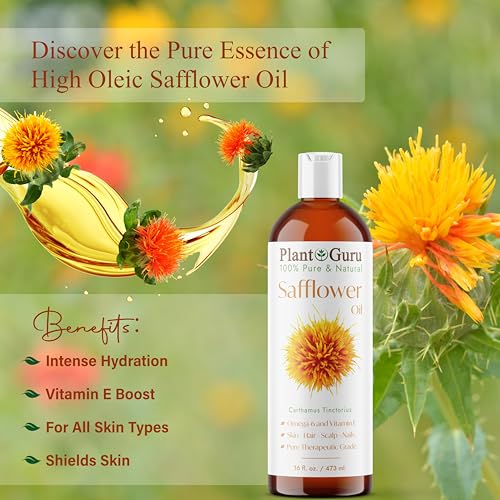 Plant Guru Safflower Oil 4 fl. oz. ? Cold Pressed, 100% Pure & Natural Carrier for Skin, Face, Body, Hair, and Cooking. Great for DIY Creams, Lotions, and Lip Balms.