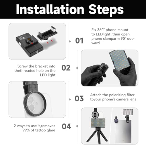 Photography Tattoo Light with Polarized Anti-Glare LED, 120 LEDs & CPL Filter for Tattoo Artists