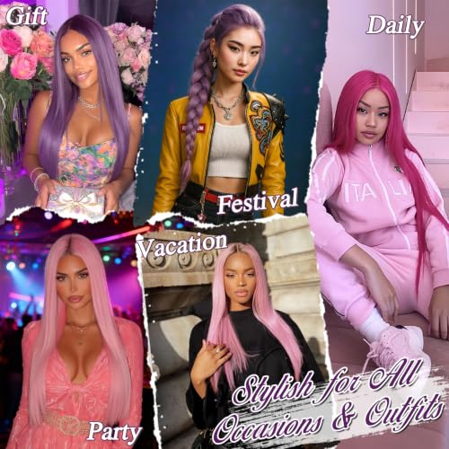 28 Inch Hot Neon Pink Synthetic Wig for Women - Long Straight Costume & Party Hair, Breathable Cap