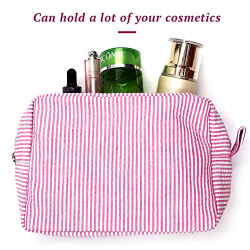 Seersucker Cosmetic Bag, Large Makeup Pouch Travel Toiletry Case with Zipper Closure Seersucker Cosmetic Organizer for Women Girls
