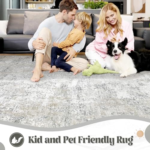 Large Washable 8x10 Area Rug - Modern Abstract Neutral Non-Slip Kids Carpet for Living Room & Bedroom - Beige Grey Variation