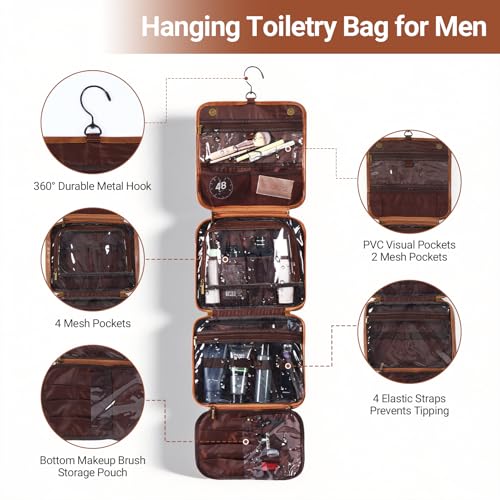 Personalized Hanging Travel Toiletry Bag for Men - Light Brown, Initial E, Large Organizer & Dopp Kit with Water-Resistant Compartments