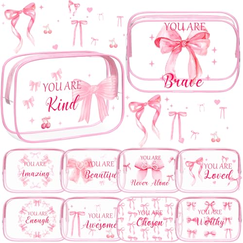 Kacctyen 10 Pcs Inspirational Pink Bow Makeup Bag 7 x 4.7 x 2.4'' Clear Coquette Stuff Cosmetic Bag Bulk Positive Affirmations Pink Bow Toiletry Pouch Waterproof PVC for Girls Women Nurse Team Bestie