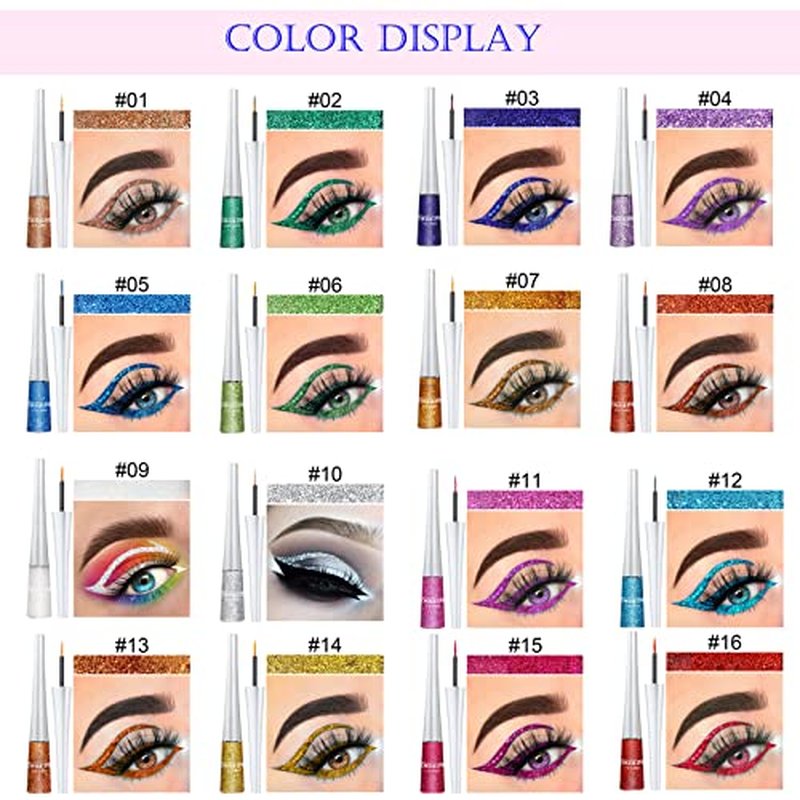16 Colors Liquid Glitter Eyeliner Set, Metallic Shimmer Glitter Eyeshadow, Colorful Rainbow Eyeliner Long Lasting Waterproof Face Lips Art for Party Festival Makeup