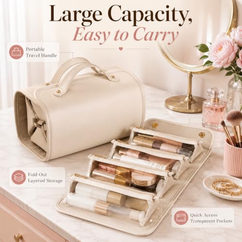 White Expandable Waterproof Makeup Bag Set with Cosmetic Pouch & Brush Holder