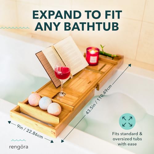 Expandable Wooden Bath Tray for Tub – 43-Inch Bathroom Caddy with Storage Shelf