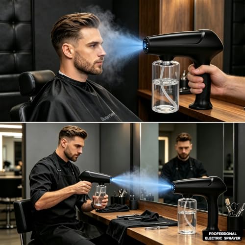 Black Barber Spray Bottle with Blue Light - Rechargeable Nano Mist Atomizer for Stylist & Home Use
