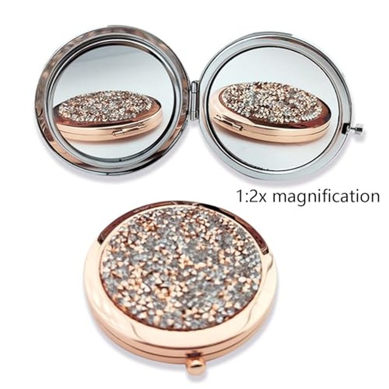 6 PCS Rhinestone Double-Sided Mirror Portable Small Mirror Folding Pocket Makeup Round Hand Makeup Magnifying Glass Women's/Girls Travel Gift (Mixed Colors)