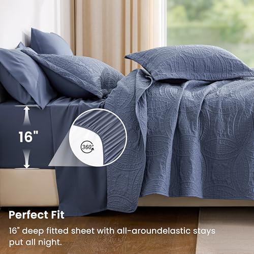 King Quilt Set with Sheets and Shams - Bluish Grey Coin Pattern, 7 Pieces, Love's Cabin