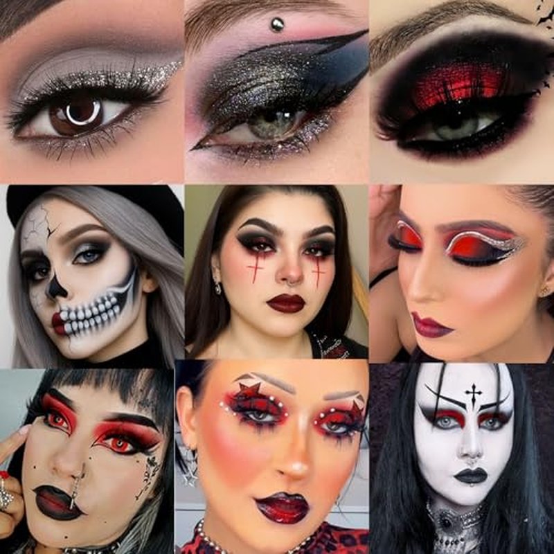 Black Grey Red Eyeshadow Palette Goth Makeup, Cold Silver Smokey Eye Shadow Compact Metallic & Matte Finishes Pigmented Burgundy Brown Cream Eyeshadow for Smokey Punk Bold Dark Vampire Gothic Clown