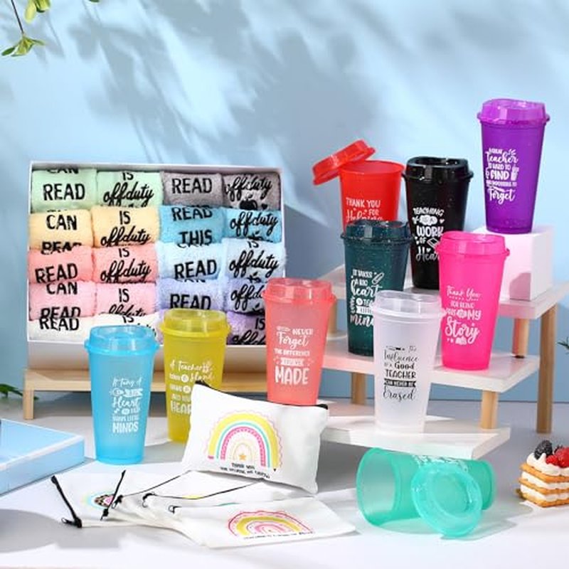 30 Pieces Teacher Gifts Bulk,Graduation Back to School Day Appreciation Week Gift 16oz Plastic Coffee Tumbler with Lids Teacher Makeup Bags Crew Socks for Women Coworker(Classic)