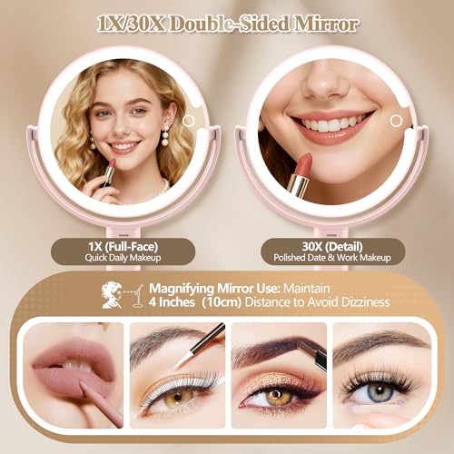 Makeup Mirror with Lights, Double Sided 1x/30x Magnifying Mirror with Light, Rechargeable 3 Color Lights and Adjustable Brightness, 360¡Æ Rotation Detachable Comes with Tweezer(Blush)