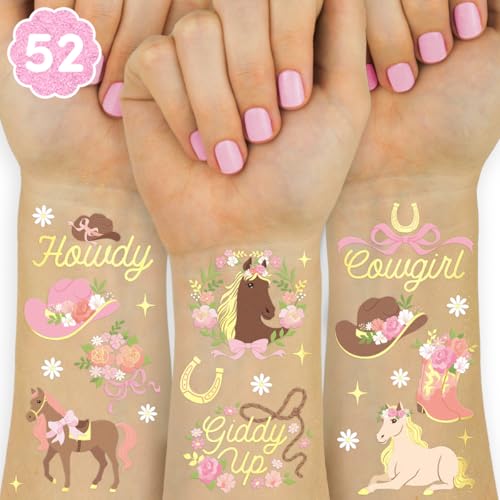 xo, Fetti Pink Horse Girl Temporary Tattoos - 52 Gold Foil Pcs | Cute Cowgirl Birthday Accessory, Pony Bachelorette Party Favor, Cute Kids Activity