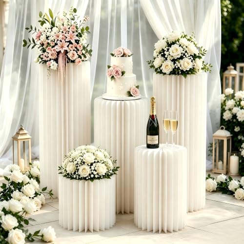 Foldable White Cylinder Pedestal Stands - 5 Pack for Party & Event Decor Variation of White / 5PCS