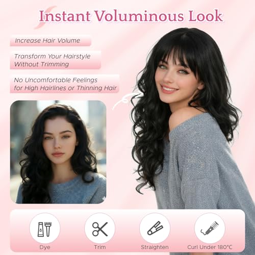 Human Hair Topper with Wispy Bangs for Women - 3.14x4.33 inch Clip-In Volume Enhancer Dark Brown #B-02
