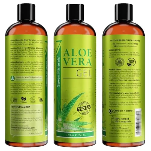 Seven Minerals Organic Aloe Vera Gel from freshly cut 100% Pure Aloe - Big 12oz - HighestQuality, Texas grown, Vegan, Unscented - For Face, Skin, Hair, Sunburn relief (Pack of 2)