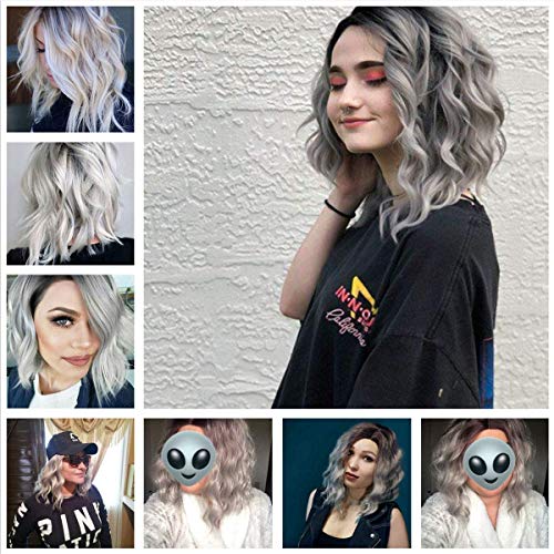 FAELBATY 14-Inch Short Curly Bob Wig Ombre Purple Grey for Women & Cosplay