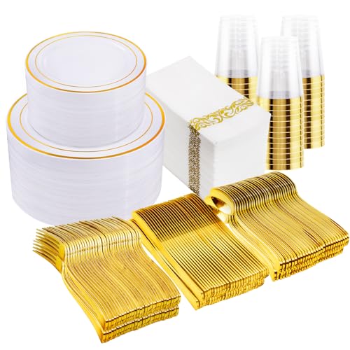 Gold Disposable Dinnerware Set for 100 Guests - Plastic Plates, Cups & Cutlery Variation of Gold / 100 Guests