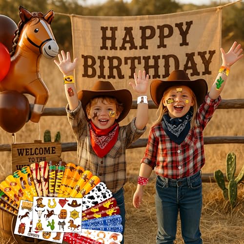 48PCS Cowboy Party Set - 24PCS Temporary Tattoos & 24PCS Slap Bracelets - Wild West-Themed Birthday Supplies, Baby Shower Gifts, Classroom Rewards & Party Decor for Kids (Boys & Girls)