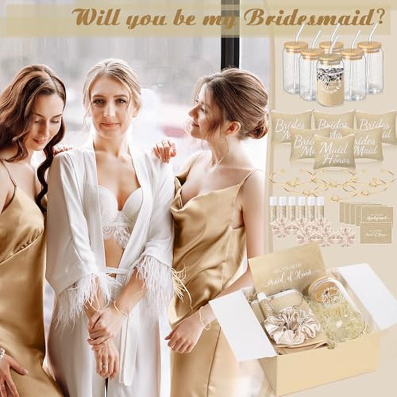54 Pcs Bridesmaid Proposal Gifts, Maid of Honor Bride Gift Include Wedding Gift Box Makeup Bag Invited Card Glass Cup Lip Balm Scrunchie Bracelet for Bridal Shower Party(Beige)