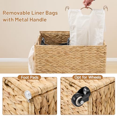 Laundry Hamper with Wheels 40.92 Gallon Water Hyacinth Wicker Basket with Lid & Removable Liners - Natural, 23.62 x 15.75 x 25.6 inches