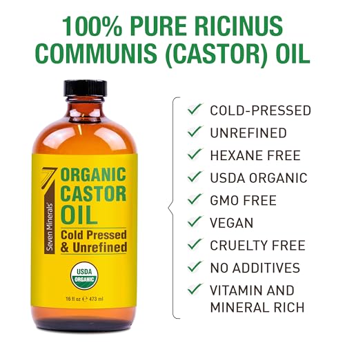 Seven Minerals Organic Castor Oil 16oz Glass Bottle Pack of 2 - Cold Pressed & Hexane Free