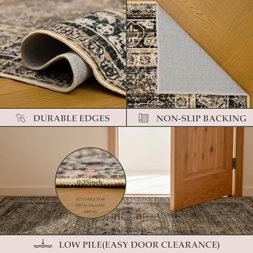 Large Washable Area Rug 8x10 Brown Faux Wool Vintage Print Non-Slip Backing