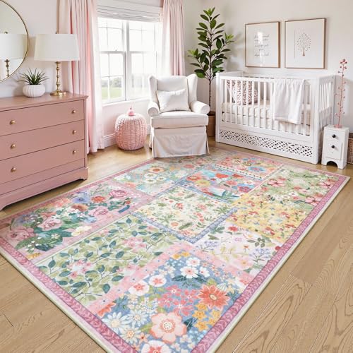 5' x 7' Pink Girls Bedroom Rug - Soft Patchwork Non-Slip Washable Carpet