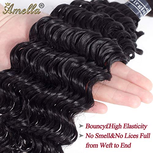 Amella 22 Inch Brazilian Deep Wave Hair Bundles - Unprocessed Human Hair, Curly Weave