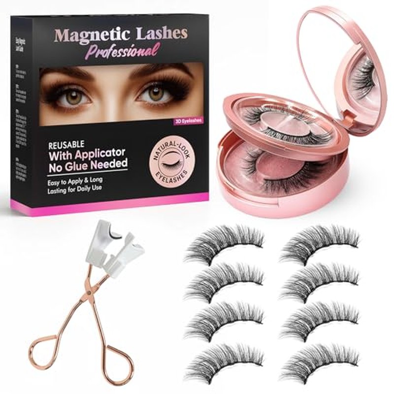 Magnetic Eyelashes, 3D Natural Look Magnetic Lashes Kit with Applicator - Reusable, Lightweight, Waterproof, Feathery Soft, No Glue, Easy to Apply for Instant Volume, 4 Pairs